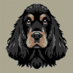 a black and white dog is shown in the middle of a cross stitch pattern on a gray background