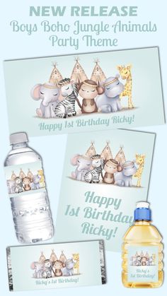 a bottle of baby shower gel next to an empty bottle with the words happy 1st birthday on it