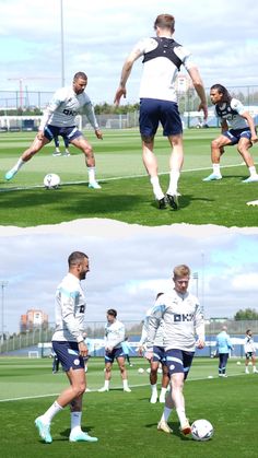 two pictures of men playing soccer on a field