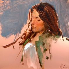 a painting of a woman's face with her hair blowing in the wind and wearing a green jacket