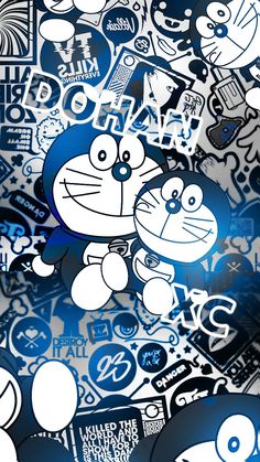 an image of cartoon character stickers all over the place with blue and white colors