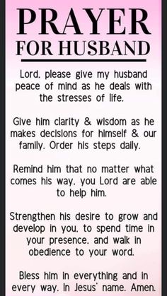 a prayer for husband and wife with the words prayer for husband in black on pink background