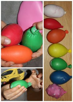 there are many different toys in this collage and one is holding an egg, the other has a toy car