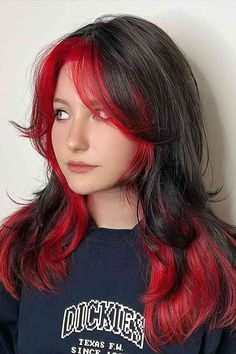 Long Black and Red Wolf Cut with Flipped Layers and Curtain Bangs 2 Tone Hair Dye Ideas, Colored Hair With Black Tips, Wolf Cut Hair Dye, Red Goth Hair, Wolf Cut Colored Hair, Red And Black Wolf Cut, Hair Dye Styles Ideas, Red Hair Dye Styles