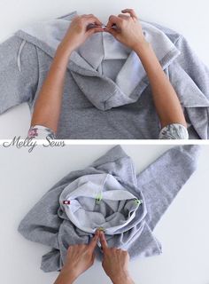 two pictures showing how to make a hoodie