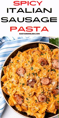 a skillet filled with pasta and sausage