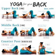 a woman is doing yoga poses for her back and shoulders, with the instructions below