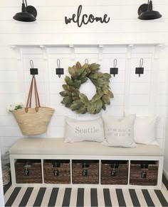 a white bench with baskets on it and a welcome sign above the bench that says,'welcome '