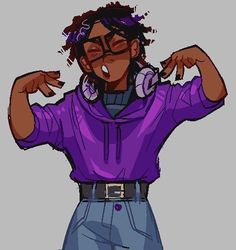 a drawing of a person wearing glasses and a purple shirt with his hands in the air