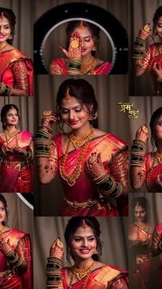 a woman in a red and gold sari with her hands on her chest, posing for