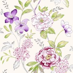 a drawing of flowers with green leaves and purple flowers on a white background in pastel colors