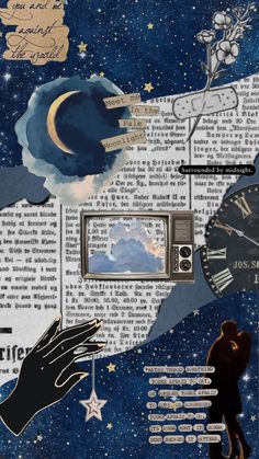 an altered collage of images and words with hands reaching for the stars in the sky