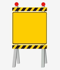 a yellow and black barricade sign with two red lights on each side, against a white background