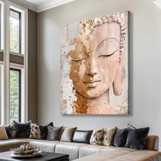 a living room filled with furniture and a large painting on the wall over a couch