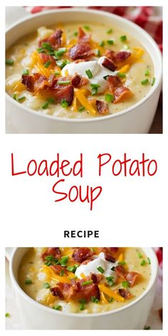 loaded potato soup with bacon and cheese in a white bowl