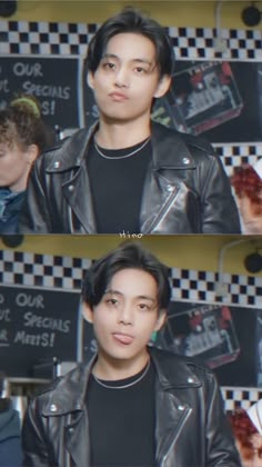 two pictures of a young man with black hair, wearing a leather jacket and standing in front of a checkered wall