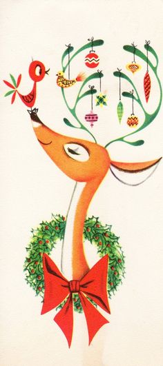 a drawing of a deer with christmas decorations on it's antlers and nose