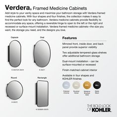 The Verdera framed medicine cabinet combines an elegant fit and finish with quick, easy installation. The optimal storage space, adjustable glass shelves, and mirrored interior make your daily routine more efficient and less cluttered. The unique half-shelf accessory neatly expands storage space for toiletries of various sizes. KOHLER Verdera 24-in x 33.5-in Surface/Recessed Mount Moderne Brushed Gold Mirrored Oval Medicine Cabinet in Medium | 35571-BGL Round Medicine Cabinet, Kohler Medicine Cabinet, Brushed Nickel Mirror, Framed Medicine Cabinet, Black Round Mirror, Bathroom Ambiance, Recessed Medicine Cabinet, Mirror Panel, Primary Bath