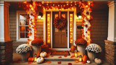 a front porch decorated for fall with pumpkins and flowers