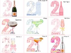 the numbers are decorated with pink and white flowers, wine glasses, and champagne bottles