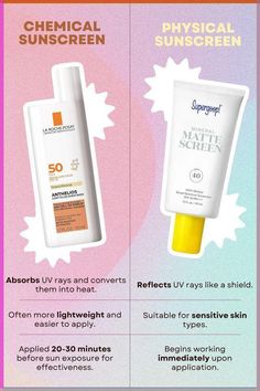 Looking for the right protection for sun-safe skin? From mineral to chemical, find out which sunscreen suits your skin best. Click here for more tips. Medical Aesthetician, Spf Face, Safe Sunscreen, Toxic Skincare, Physical Sunscreen, Chemical Sunscreen, Perfect Skin Care Routine, Acne Solutions