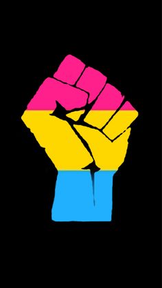 a fist that has been drawn in the colors of pink, yellow and blue