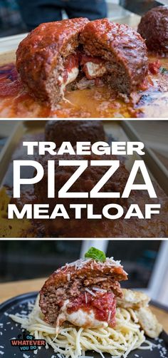 two different pictures with the words traeger pizza meatloaf on top and bottom