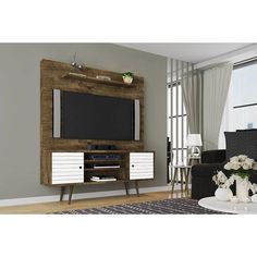 Liberty 63 Freestanding Entertainment Center with Overhead shelf in Rustic Brown and White - SKYLINE DECOR Brown Prints, Brown And Blue Living Room, Brown Living Room Decor, Modern Entertainment Center, Living Room Tv Stand, Manhattan Comfort, Brown Living Room