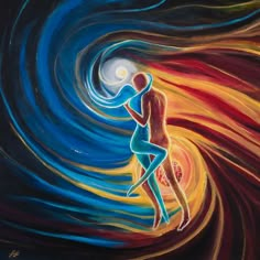 a painting of two people embracing each other in front of a colorful swirl and moon