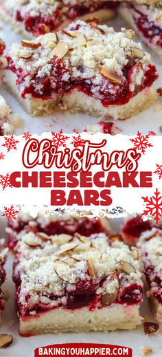 christmas cheesecake bars with cranberry sauce and almonds on top are shown