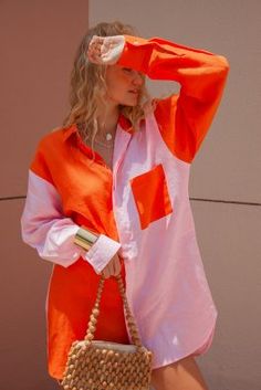 Patch Adams Linen Shirt Dress- Oversized. in Orange and Pink get 10% off your first order at www.palmcollective.com.au #shirtdress #linenshirt #oversizedshirt #linenshirtdress #longsleeveshirtdress #pinkshirtdress #contrastpanelshirt Bella Dresses, Flora Dress, Weekend Dresses