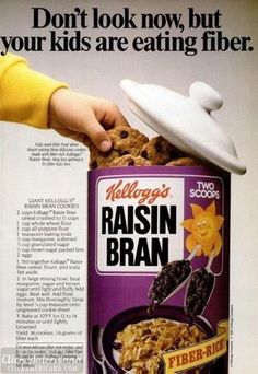 an advertisement for raisin bran cereal with a hand reaching into the can to grab it