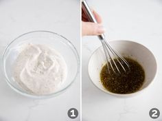 two pictures showing how to make ranch dressing in a bowl and then whisked with olive oil