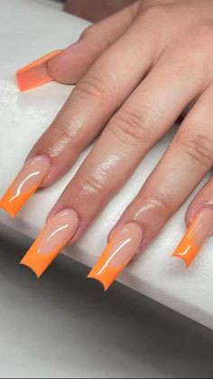 Yellow French Tip Nails, Yellow French Tips, Orange French Tip, Plain Acrylic Nails, Peach Acrylic Nails, Tip Nail Designs, Neon Orange Nails, Yellow French