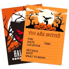 two halloween party flyers with pumpkins and bats in the background, one for date location time