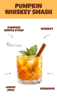 Pumpkin Whiskey Smash Fall Whiskey Drinks, Whiskey Fall Drinks, Pumpkin Alcohol Drinks, Warm Cocktails Alcohol, Halloween Whiskey Drinks, Pumpkin Cocktails, Fall Alcoholic Drinks, Pumpkin Whiskey Cocktails, Apple Cider And Whiskey Fall Cocktails