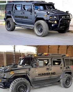 two pictures of hummer trucks one is black and the other is gray with yellow lights