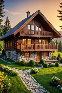 a wooden house in the middle of a lush green field with flowers and trees around it