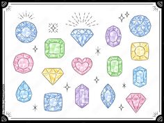 an image of different colored diamonds on a white background with stars and sparkles around them