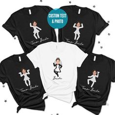 Celebrate your bachelorette with these custom face stick figure Team Bride shirts!   Personalization:  Please select the number of the pose and the text you'd like printed on each shirt in the personalization box. If no text is entered, I will use 'Team Bride' on black shirts and 'Bride' on white shirts. See the listing photos for the pose options. After placing your order, message me the photo of the bride you'd like to use via Etsy messages. For a good quality print, the photo should be clear Bachelorette Party Shirts Funny, Gift For Bride To Be, Funny Bachelorette, Team Bride Shirts, Pulled Back Hairstyles, Black Shirts, Gift For Bride, Stick Figure, Bride Shirts