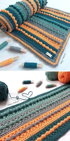 crocheted blanket with yarn and knitting needles on the bottom, next to it