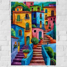 a painting on a brick wall with stairs leading up to colorful buildings