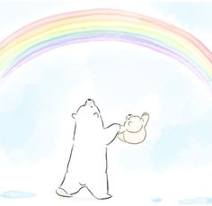 a drawing of a bear holding a teddy bear under a rainbow