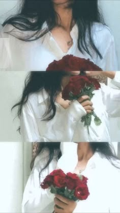 a woman in white shirt holding red flowers and posing for the camera with long hair