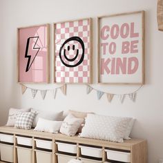 Cool To Be Kind Checkered Print, Modern Nursery Wall Art, Pink Playroom Decor, Downloadable Poster for Kids' Rooms, Baby Gift Transform your child's space with our "Cool To Be Kind" printable wall art! This modern checkered print features a vibrant Pink color palette perfect for little Girls' rooms. The design includes playful elements like a smiley face and a lightning bolt, adding a fun and uplifting vibe to any environment. It's a downloadable print, so you can instantly bring art to your walls and create a joyful atmosphere for your child! Crafted using high-resolution digital files, this wall art print is designed to be easy to download and print in sizes that fit your needs. We recommend printing on high-quality paper for the best results. The art looks stunning framed or hung direct Pink Checkered Nursery, Pink Checkered Wall, Pink Toddler Room, Pink Toddler Bedroom, Checkered Nursery, Checkered Room, Pink Playroom, Modern Nursery Wall Art, Closet Nursery