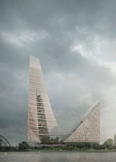 an architectural rendering of a curved building on the edge of a body of water under cloudy skies