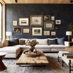 a living room filled with lots of furniture and pictures on the wall above it's coffee table