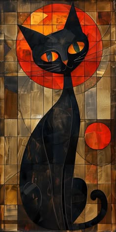 a black cat sitting on top of a tiled floor next to a red and yellow sun