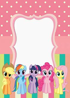 a group of little ponys standing in front of a pink frame with polka dots