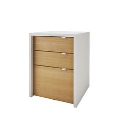 a white and wood cabinet with three drawers